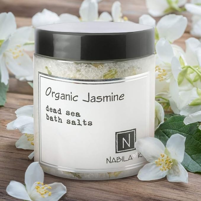 Organic Jasmine Bath Salts for Women & Men - Dead Sea Salt & Epsom Salt Soak and Scrub - Organic Jasmine Buds & Essential Oil, Cruelty-Free, Sulfate-Free | 8 oz | Nabila K