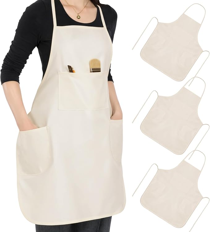 Painting Apron for Adults, Art Aprons with 3 Pockets Cotton Canvas Bib for Apron Painting Pottery Baking, Natural