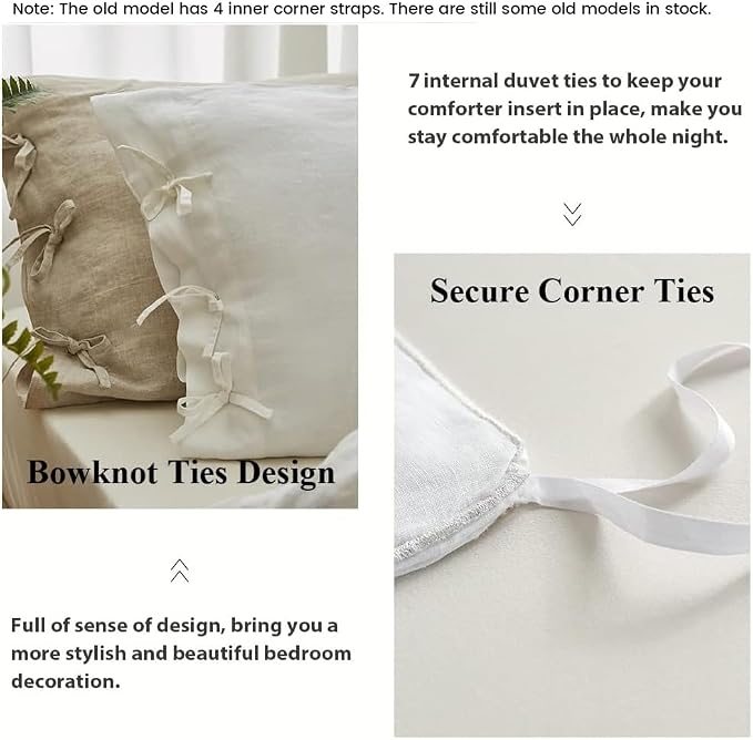 Simple&Opulence 100% Linen Duvet Cover Set 3pcs with Bowknot Ties Closure Natural French Washed Flax Solid Color Soft Breathable Farmhouse Bedding - White, King Size