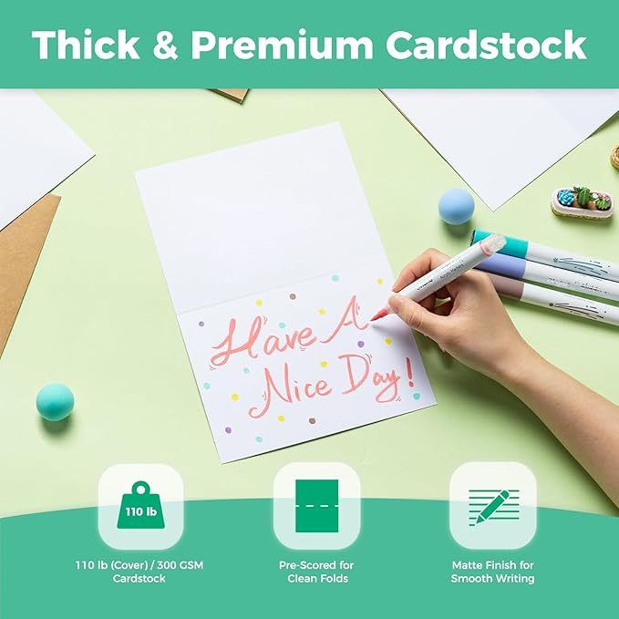 Ohuhu Blank White Cards and Envelopes 100 Pack - 4.25" x 5.5" Heavyweight Folded Cardstock and A2 Envelopes for DIY Greeting Cards Wedding Birthday Invitations Baby Shower Thank You Cards and More