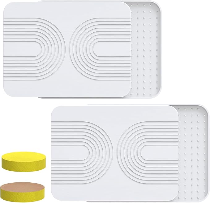 2 PCS Stone Dish Drying Mat ＆ Silicone Mat for Kitchen Counter – Diatomaceous Earth Bath Mat for Bathroom, 16.14"L×12.4"W×2 Quick Dry Mats for Dishes ,Bottles, Cups, Match Any Countertop(White)