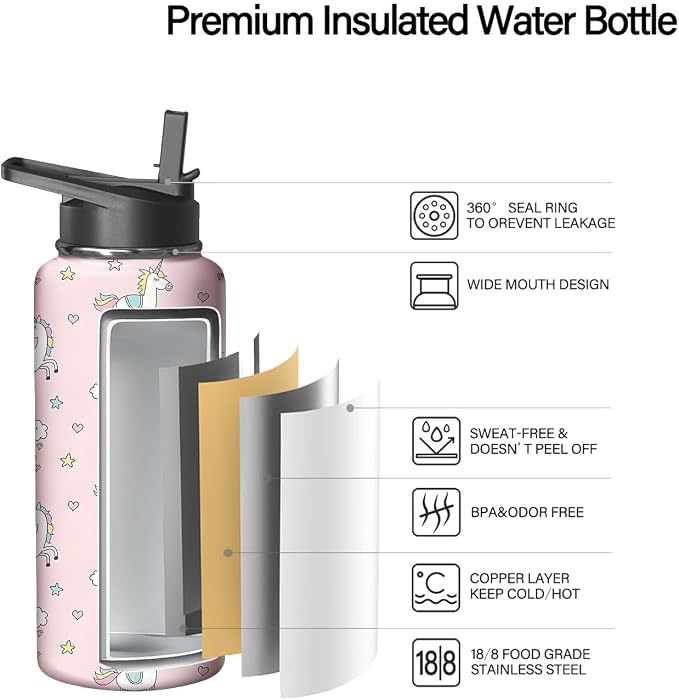 18oz Pink Unicorn Water Bottle with Handle and Flip Straw, Animal Sports Stainless Steel Insulated Cup Travel Coffee Mug Tumbler, Birthday Mothers Day Chritmas Gifts for Women