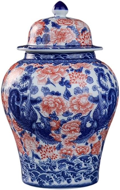 Porcelain Airtight Canister 45 Oz/1350ml, Blue White with Red Glazed Ceramic Large Food Storage Jar for Cereals, Rice, Tea leaves, Coffee Beans, Herb, Candy, Spices, Nuts (Phoenix)