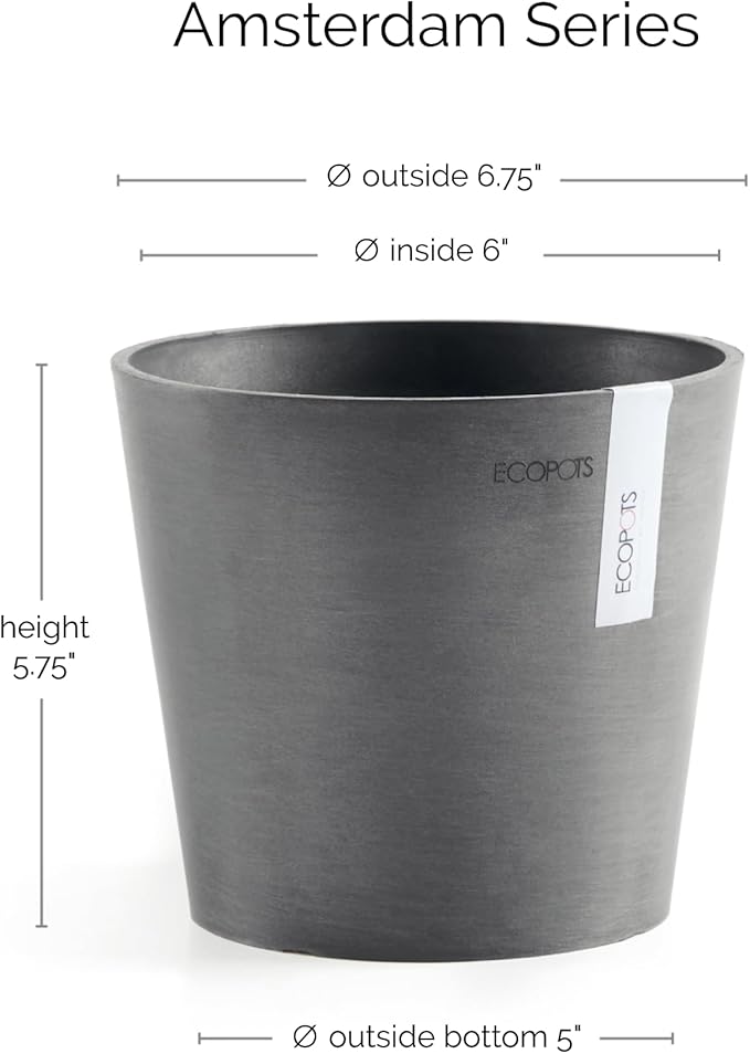 Ecopots Amsterdam Mini Durable Modern Round Recycled-Based Composite Flower Pot Planter, Grey, 7"