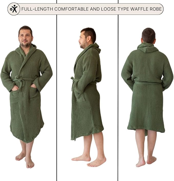 100% Turkish Cotton Men's Waffle Robe with Hooded, Premium Soft Cozy Housecoat or Quick-Dry Bathrobe for Mens