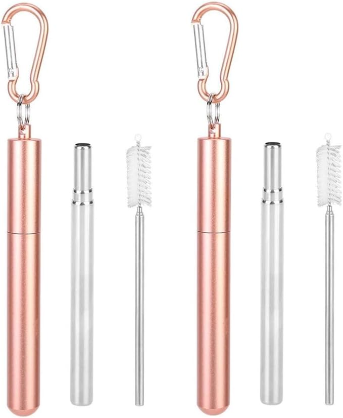2 Set Collapsible Stainless Steel Drinking Straws, Portable Travel Telescopic Reusable Drinking Straw with Cleaning Brush for Drinking Coffee Milk Tea