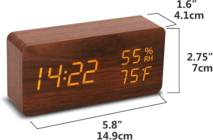 Digital Alarm Clock, LED Adjustable Brightness Voice Control Desk Wooden Alarm Clock with Day/Date/Temperature and Humidity USB/Battery Powered for School Home Office Kids
