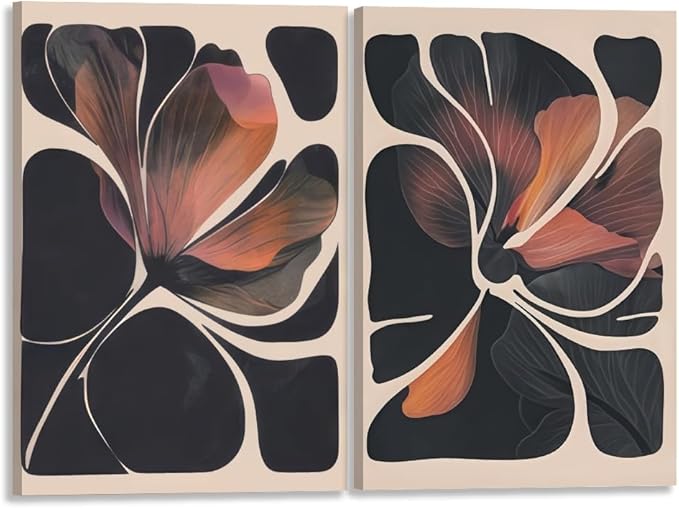Abstract Floral Wall Art Prints Set of 2 Modern Mid Century Botanical Canvas Painting Posters Black Orange Flower Picture Wall Decor Aesthetic for Bedroom Home Decor 8x12inch Wrapped Framed