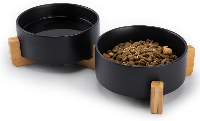 MateeyLife Ceramic Dog and Cat Bowls with Stand, 2-Pack Food and Water Bowl Set - Non-Slip Pet Bowls for Small & Medium Size Dogs，28.7OZ(Black)