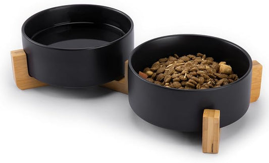 MateeyLife Ceramic Dog and Cat Bowls with Stand, 2-Pack Food and Water Bowl Set - Non-Slip Pet Bowls for Small & Medium Size Dogs，28.7OZ(Black)
