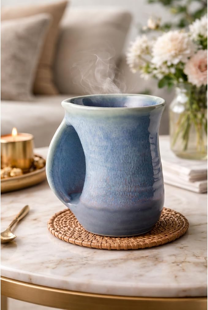Hand Warmer Mug, Ceramic and Hand Painted - Contoured Pocket will Hold Warmth From The Heat Of Your Drink - Keep Your Fingers Warm, Comfy Handwarmer Gift, Winter Stocking Stuffer Gifts - Left Handed