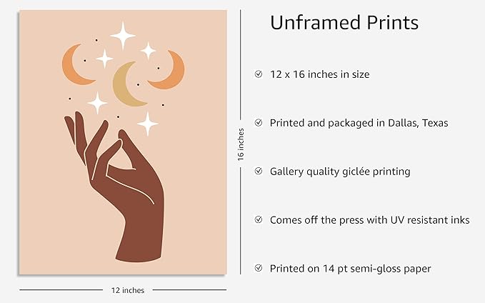 Y2K BOO Mystical Hand UNFRAMED Wall Art Celestial Moon and Stars Print Earth Tones Terracotta Mid Century Modern 12x16 Inch Heavyweight Paper Studio Decor