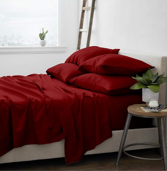 Femini Fashion 100% Organic Cotton Bed Sheets 800-Thread-Count, 16-Inch Deep-Pocket, Luxury Breathable Crisp 4-Piece Bed Sheet Set (1 Flat Sheet, 1 Fitted Sheet, 2 Pillowcases) - Twin, Burgundy