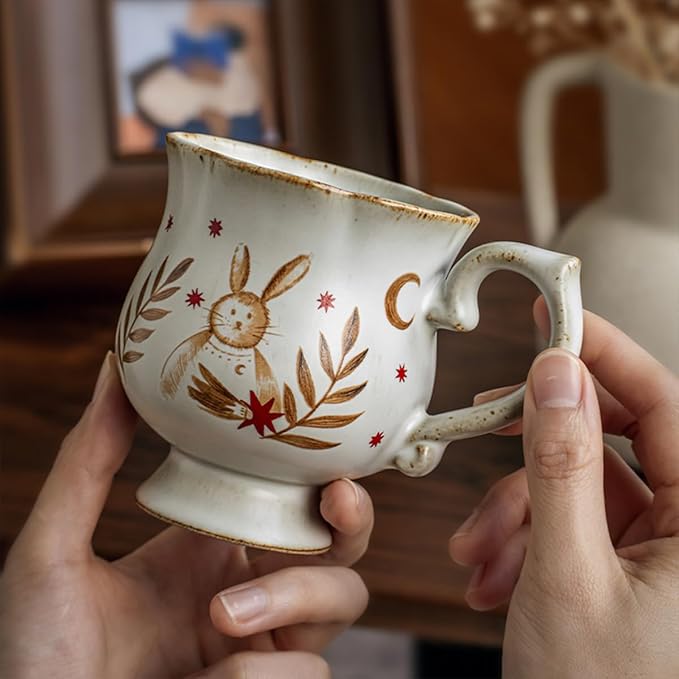 10 oz Footed Ceramic Mug, White & Brown Glazed Coffee Cup, Rustic Decorative Tea Cup with Bunny & Star Pattern for Home Office, Dishwasher & Microwave Safe