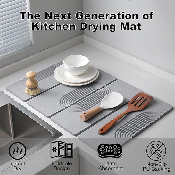 23.6"×15.7" Diatomaceous Earth Stone Dish Drying Mat, Foldable Super Absorbent Quick Dry Non-Slip Eco-Friendly Pad for Kitchen Counter, Dishes, Cups, Bottles & Utensils, Light Gray