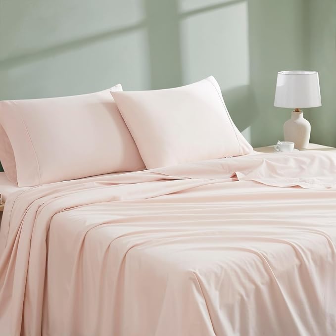 Linen Closet 100% Organic Cotton Full Size Sheets Set - 4 Pcs Percale Weave Cooling Bed Sheets for Hot Sleepers - 16" Deep Pocket Fitted Sheet - Crisp, Breathable & Brushed for Softness - Pale Pink