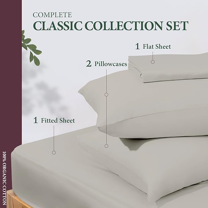 100% Organic Cotton Sheets Full Size - Organic Cotton Full Size Percale Weave Sheet Set (4 PC, Light Grey), Soft, Cooling, Crisp & Breathable, 16" Deep Pocket Hotel Quality Bedding Set