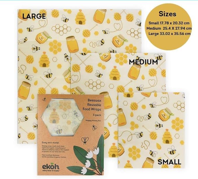 EKOH Reusable Beeswax Foodwraps (3 pk) Retro Bee Print - Bees Wax Wrap for Food - Eco Friendly Bee Wraps - Reusable Sandwich Wrap - Sustainable Organic Cotton Wraps (3 Honey Bee prints)