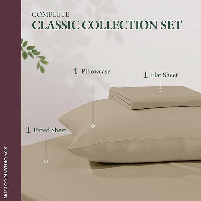 100% Organic Cotton Sheets Twin XL Size - Organic Cotton Twin XL Size Percale Weave Sheet Set (3 PC, Taupe), Soft, Cooling, Crisp & Breathable, 16" Deep Pocket Hotel Bedding Set