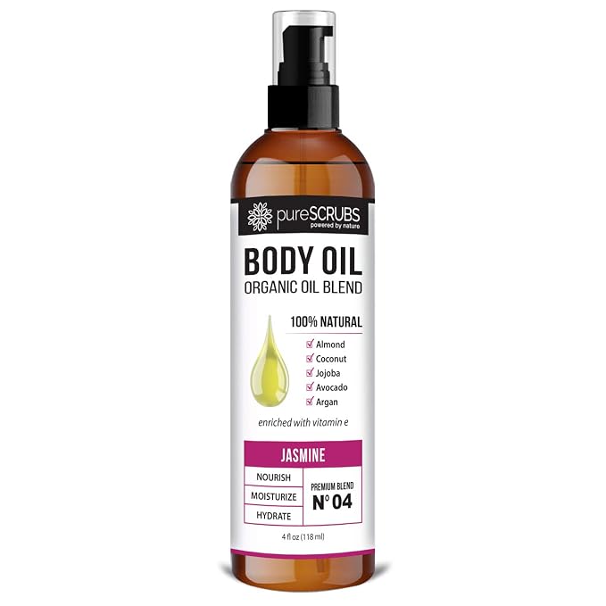 pureSCRUBS Ultra Moisturizing Jasmine Body Oil for Dry Skin, 4 oz | Luxurious After Shower Body Oil for Soft, Silky, Glowing Skin, Non-Greasy, Fast Absorbing & Hydrating Formula with Vitamin E