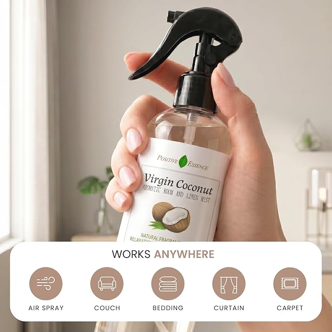Virgin Coconut Linen and Room Spray, Natural Aromatic Mist Made with Pure Virgin Coconut Oil, Relax Your Body & Mind, Perfect as a Bathroom Air Freshener Odor Eliminator