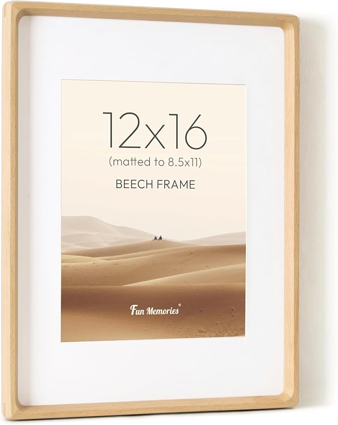 12x16 Picture Frame, USA-Sourced Beech Wood Photo Frames with HD Tempered Glass, Handcrafted Rounded Corner 12 x 16 Wooden Frames Matted to 8.5x11 Photos, Horizontal or Vertical Wall Display