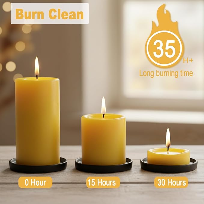 6 Pack Beeswax Pillar Candles, 360 Hours 3x4in Beeswax Pillar Candle Pure Natural Bee Wax Candle for Home, Emergency, Relax, Dripless & Smokeless