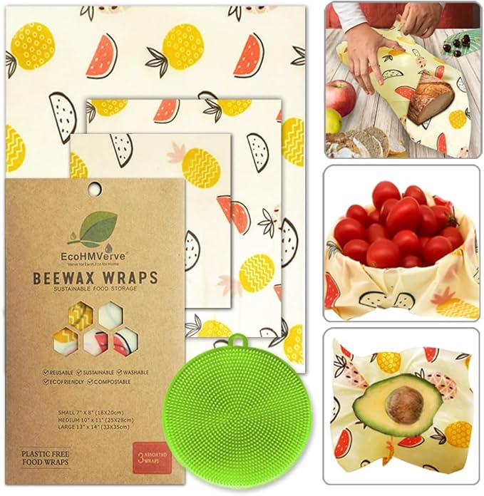 Organic Beeswax Wraps - Reusable Food Wrap for Sandwiches, Bread & Cheese | Bee Wrap with multifunctional brush, 3 Sizes Plastic-Free (Multipack)