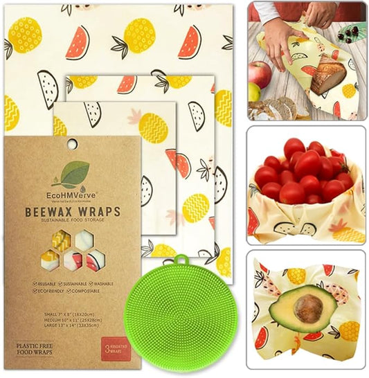Organic Beeswax Wraps - Reusable Food Wrap for Sandwiches, Bread & Cheese | Bee Wrap with multifunctional brush, 3 Sizes Plastic-Free (Multipack)