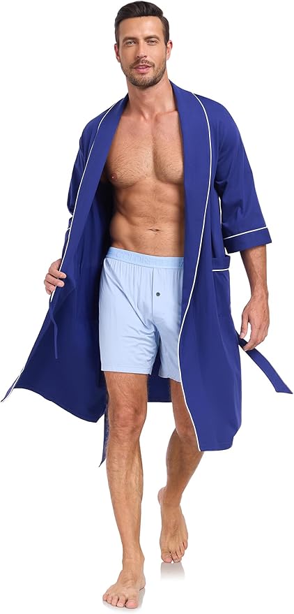 COLORFULLEAF 100% Cotton Men’s Summer Bathrobe Lightweight & Breathable Short Sleeve Kimono Robe with Pockets