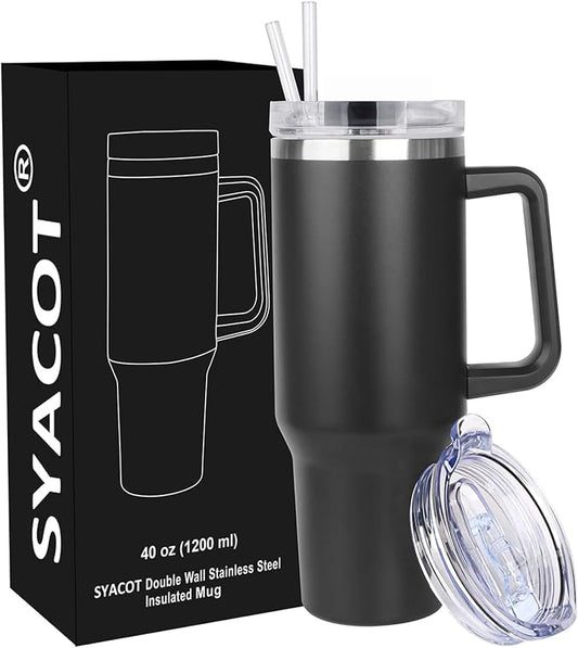 SYACOT 40 oz Tumbler with Handle and Straw Stainless Steel Insulated Tumbler Leak Proof Lid and Straw Lid Reusable Travel Mug Coffee Mug Cup Dishwasher Safe Keep Drinks Cold and Hot (Magic Black)
