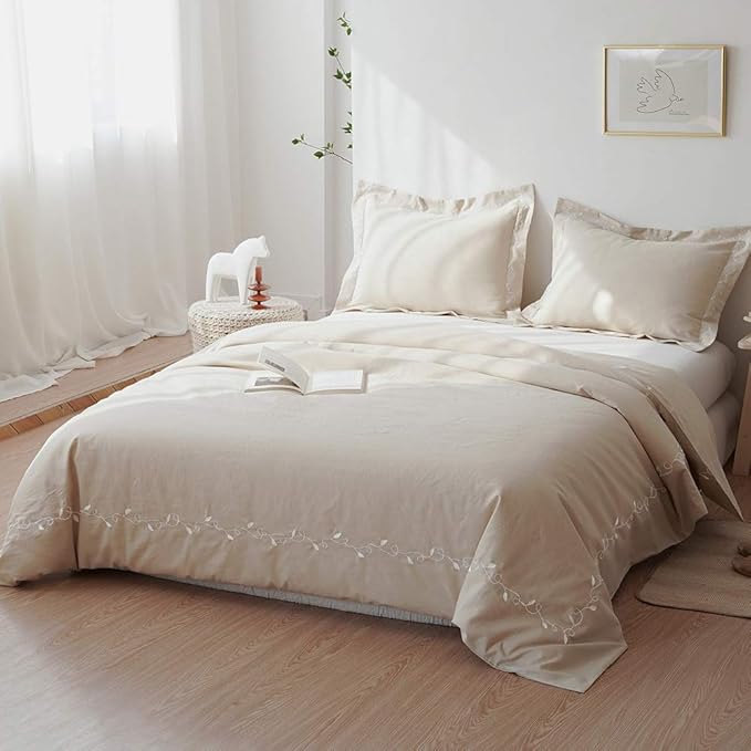 BISELINA French Linen Duvet Cover Set 3pcs Embroidered Willow Leaf 55% Flax 45% Cotton Blend Soft Breathable Luxury Bedding (King, Embroidery Linen)