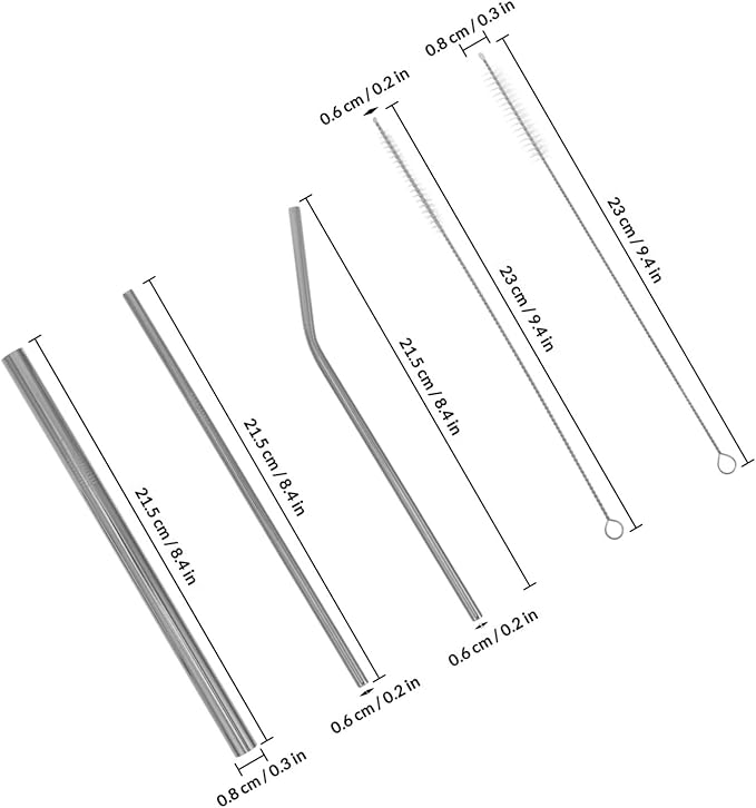 COHEALI Reusable Stainless Steel Drinking Straws Set, Gold-plated Thickened Straight and Curved Metal Straws with Cleaning Brush and Storage Bag, Silver 6pcs Kit for Travel and Home Use