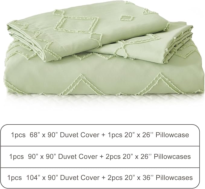 EMME Boho Duvet Cover Twin Size Sage Green - 2 Pieces Soft & Breathable Tufted Shabby Chic Embroidery Bedding for All Seasons, 1 Duvet Cover with 1 Pillow Shams & Zipper Closure (Sage Green, Twin)