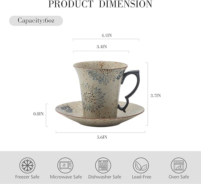 Handmade Sunflower Espresso Cups, Vintage Ceramic Coffee Mug with Saucer, Novelty Tea Cup Set of 1, Dishwasher & Microwave Safe Demitasse for Coffee, Latte, Americano, Tea, 6 oz