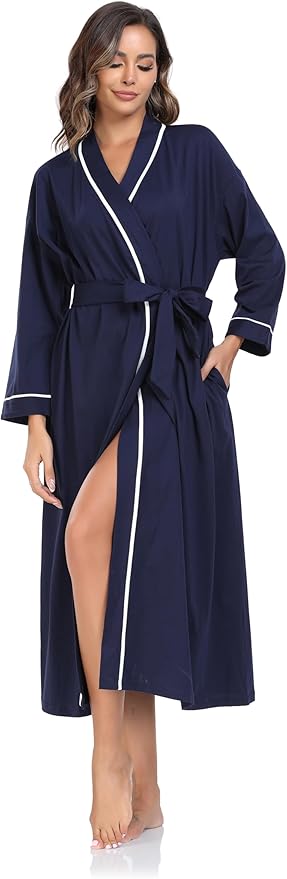 COLORFULLEAF 100% Cotton Women's Robes Summer Lightweight Kimono Soft Long Cotton Bathrobe for Women with Pockets