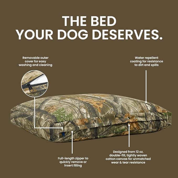 WHITEDUCK Outdoor Dog Bed Heavy-Duty 12oz Canvas, Water-Repellent Cotton, Machine Washable Removable Cover with Full-Length Zipper, Dog Bed for Large Dogs & Crate, Real Tree 35" Lx20 Wx4.3 th (M)