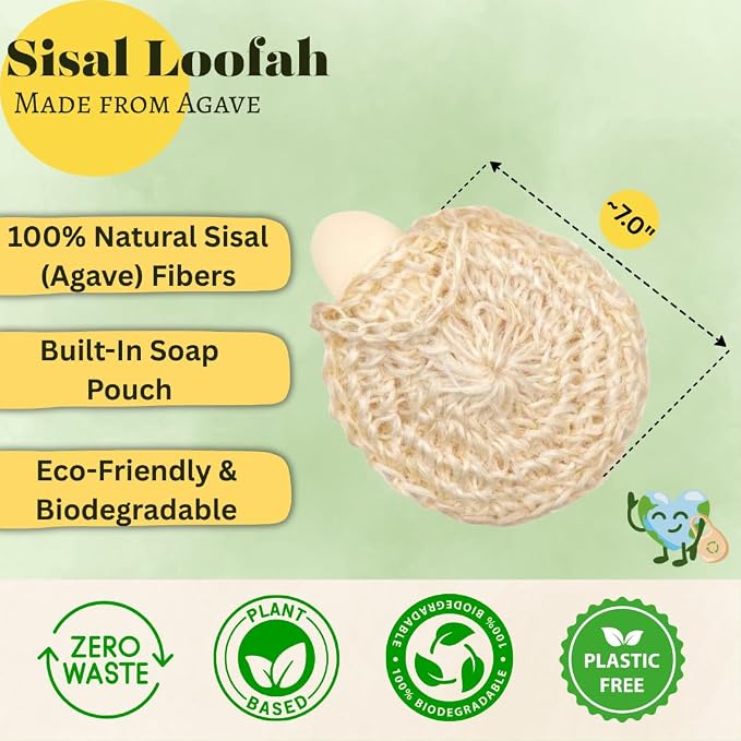 Natural Handwoven Sisal Loofah Body Scrubber - Organic Shower Sponge Made from Premium Agave Fibers - Arabic-Turkish Style with Bar Soap Pouch - Natural Body Scrubber for Men & Women (3-Pack)