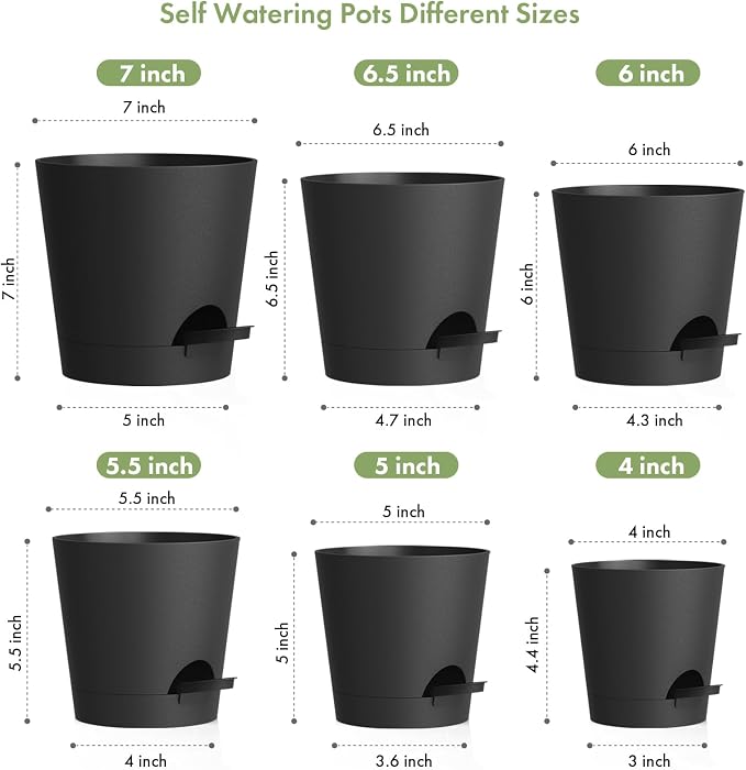 WSMKSZ 7/6.5/6/5.5/5/4 inch Self Watering Pots for Indoor Outdoor Plants, 6 Pack Plastic Flower Planters with Drainage Holes and Removable Saucers, Plant Pots with Wicking Rope, Modern Decor, Black