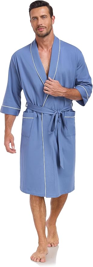COLORFULLEAF 100% Cotton Men’s Summer Bathrobe Lightweight & Breathable Short Sleeve Kimono Robe with Pockets