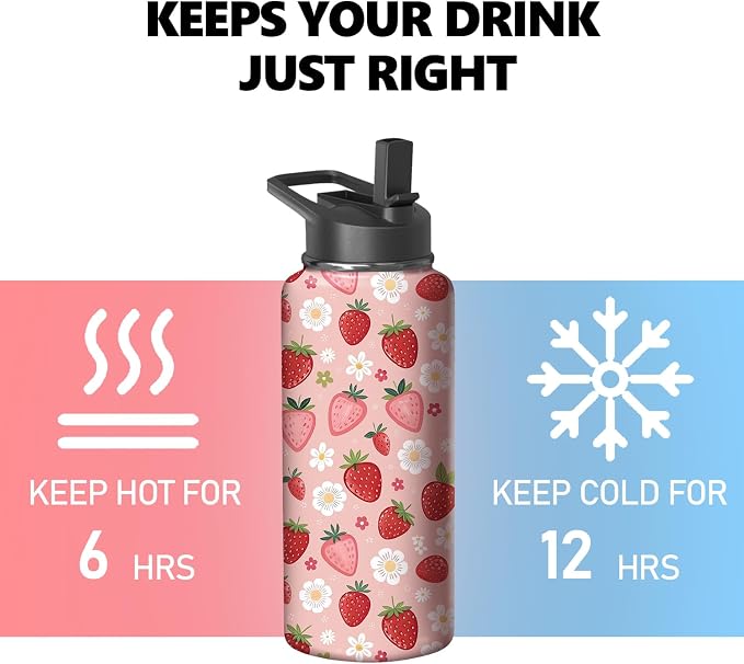 18oz Pink Strawberry Water Bottle with Handle and Flip Straw, Sports Stainless Steel Insulated Cup Travel Coffee Mug Tumbler, Birthday Mothers Day Chritmas Gifts for Women