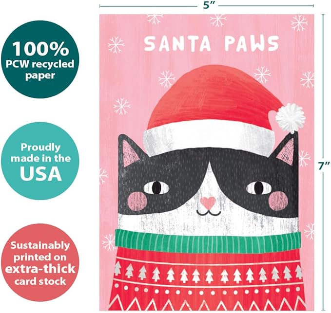 Tree-Free Greetings - Happy Holidays Greeting Cards - Artful Designs - 12 Cards + Matching Envelopes - Made in USA - 100% Recycled Paper - 5"x7" - Santa Paws (HP60510)