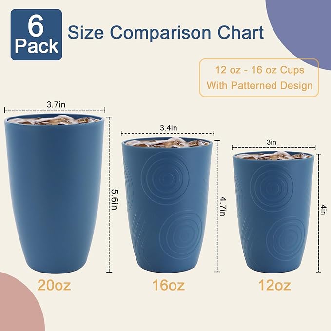 Wheat Straw Cups Large Drinking Cups Set of 6-20 OZ Large Capacity Plastic Tumblers Unbreakable Glasses Drinking Microwave and Dishwasher Safe Kitchen Water Glasses - Blue