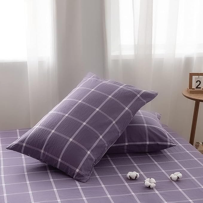 FACE TWO FACE Bedding Duvet Cover Set100% Washed Cotton Duvet Cover Linen Like Textured Breathable Durable Soft Comfy(Full, Purple Grid)