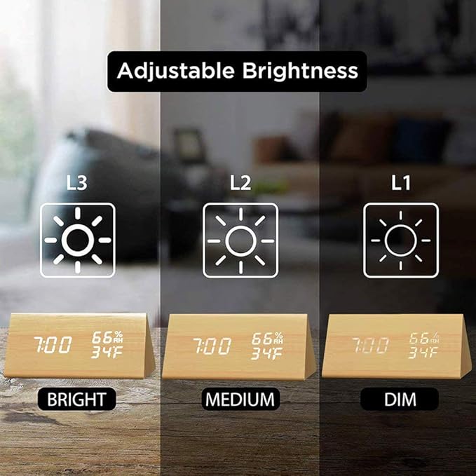 TOPINCN Digital Alarm Clock, Wooden Alarm Clock with Electronic LED Time Display, Humidity & Temperature Detect 3 Alarm Settings 3 Level Brightness Electric Clock for Bedroom
