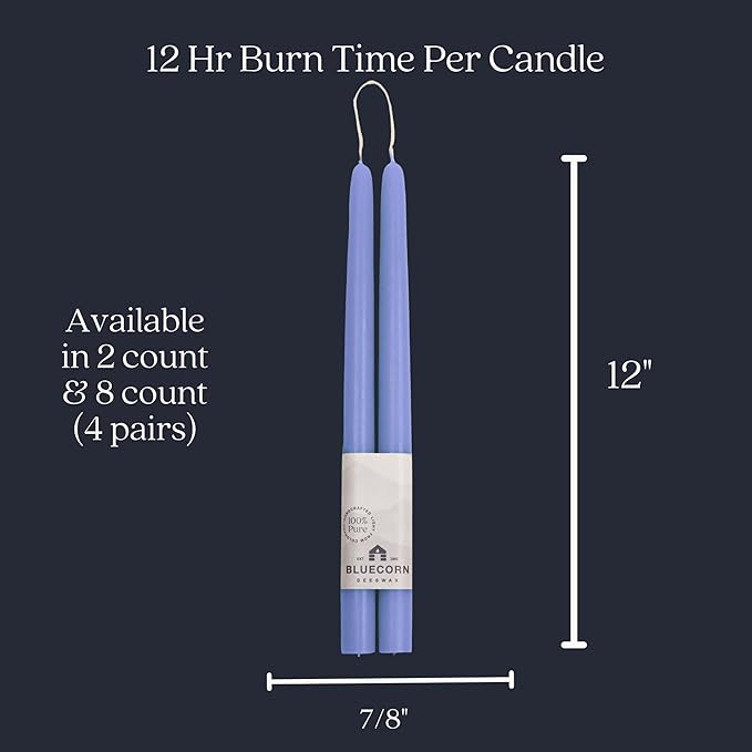 Bluecorn Beeswax Taper Candles, 100% Pure Natural Bees Wax, Pair of 12 Inch Lilac Tapered Candlesticks, Clean Burning & Dripless, Fragrance Free, Long Lasting, Home Decor, American Made, 1 Count