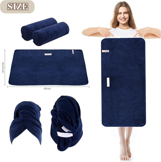SUNLAND Microfiber Hair Towels Anti Frizz Hair Drying Towel Super Absorbent Fast Drying Turbans for Wet Curly Hair Soft Hair Towel Wrap with Elastic Band for All Hair Types 40 X 20 inches Navy Blue