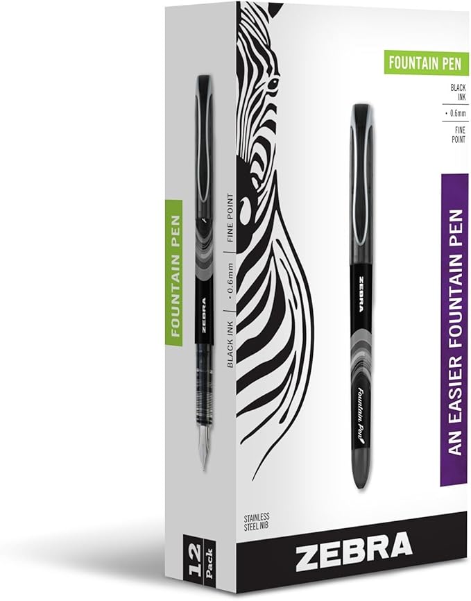 Zebra Pen, Fountain Pen, 0.6mm Fine Point, Stainless Steel Nib, Preloaded Black Ink, Smooth Ink Flow, Classic Black Barrels, No Cartridge Needed, 12-Pack (48310)