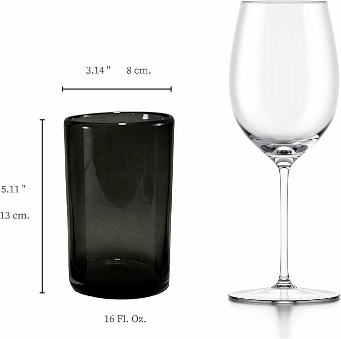 MAREY Hand Blown Drinking Glasses Artisan Crafted from Mexico Set of 6 pieces (Smoke, Water 16 Oz.)