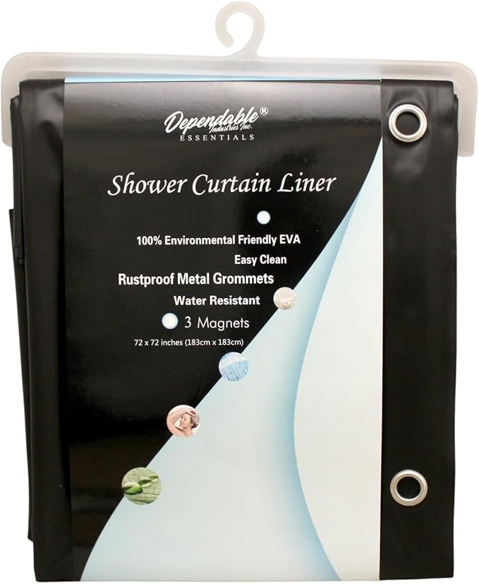 Dependable Industries inc. Essentials Premium 6 Gauge EVA Shower Curtain Liner - PVC Free Magnetized Bottom Odorless with Rustproof Grommets (Black)